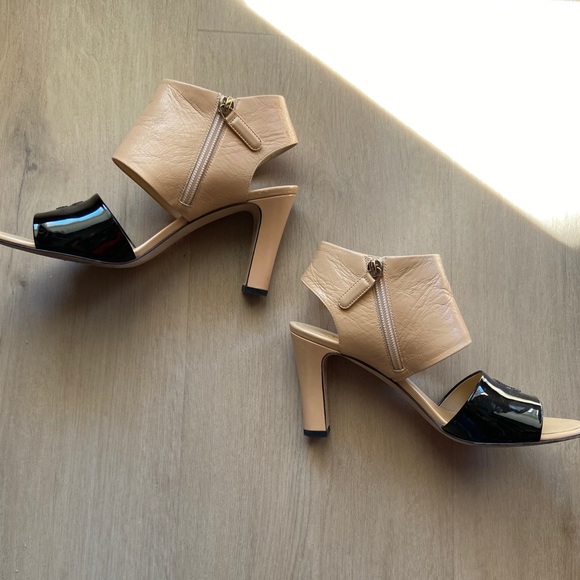 Chanel Open Toe Sandals Heels 37.5 Black Beige - Picture 4 of 9